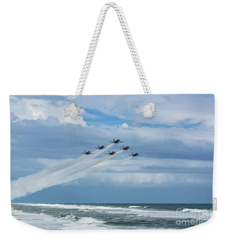 Blue Angels Weekender Tote Bag featuring the photograph Blue Angels over the Gulf of Mexico by Beachtown Views