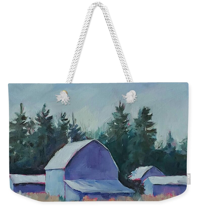 Farm Weekender Tote Bag featuring the painting Blue Barns by Sheila Romard