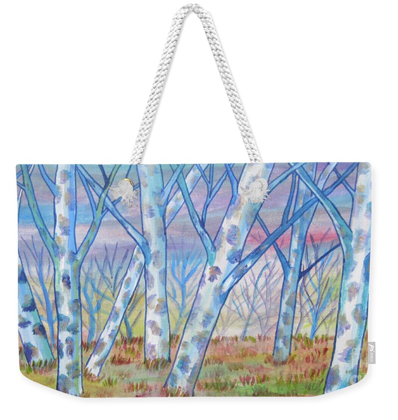 Birch Tree Trees Abstract Landscape Blue Lobby Pillow Cushion Decor Mixed Media Nice Weekender Tote Bag featuring the painting Blue Birch Tree Stand by Bradley Boug