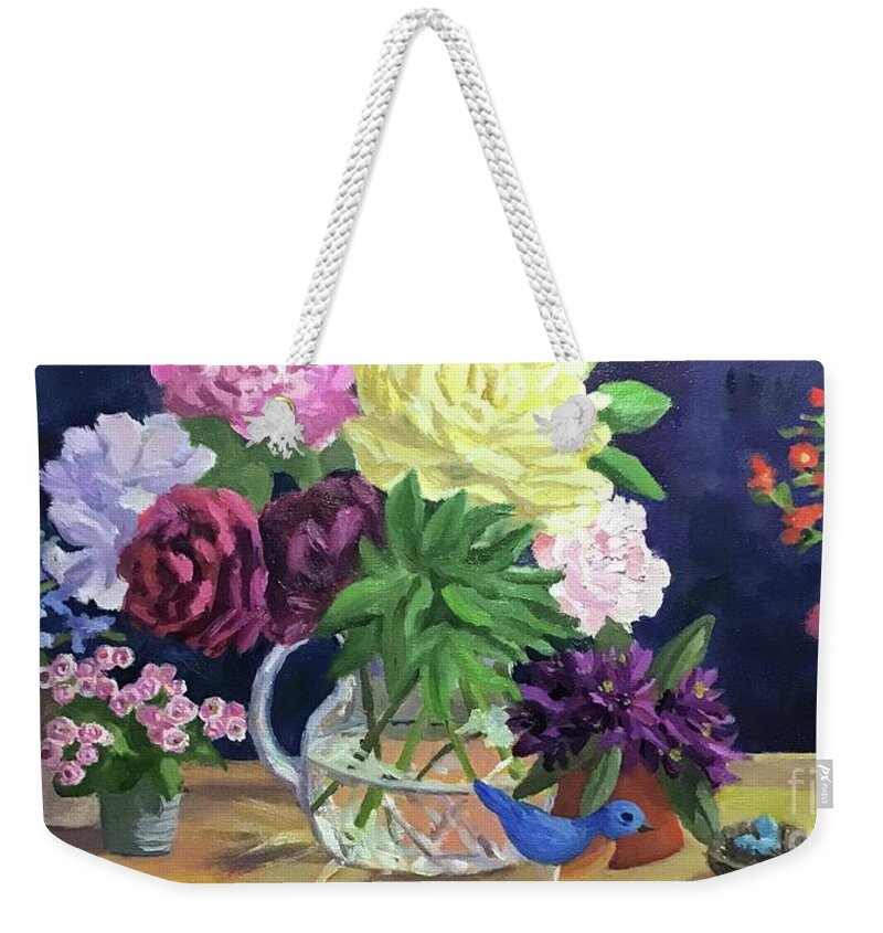 Blue Bird Weekender Tote Bag featuring the painting Blue Birds and Friends by Anne Marie Brown