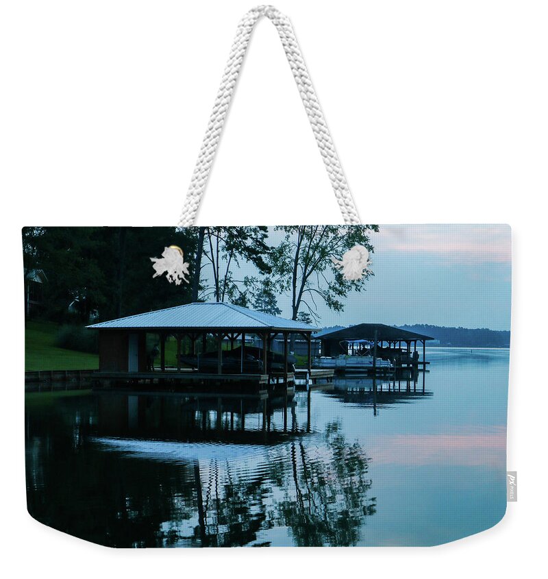Morning Weekender Tote Bag featuring the photograph Blue Boathouses by Ed Williams