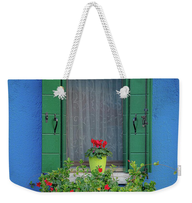 Burano Weekender Tote Bag featuring the photograph Blue Burano Window by David Downs