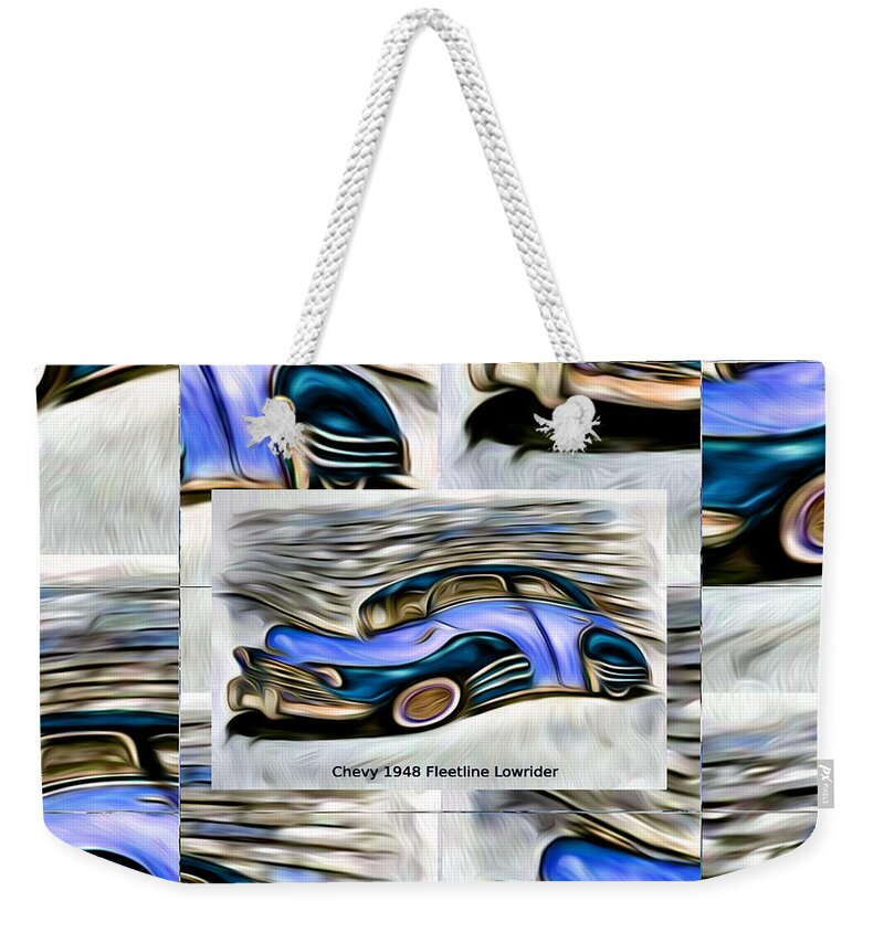 Chevy Weekender Tote Bag featuring the digital art Blue Car Abstract Collage Art Poster by Ronald Mills