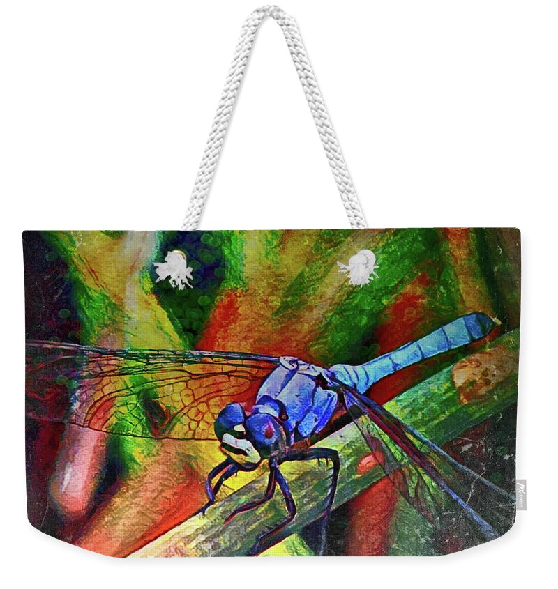 Colorful Weekender Tote Bag featuring the digital art Blue Dragonfly by David McKinney