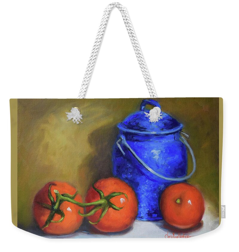 Blue Enamelware Weekender Tote Bag featuring the painting Blue Enamelware Container And Bright Red Garden Tomatoes by Cheri Wollenberg