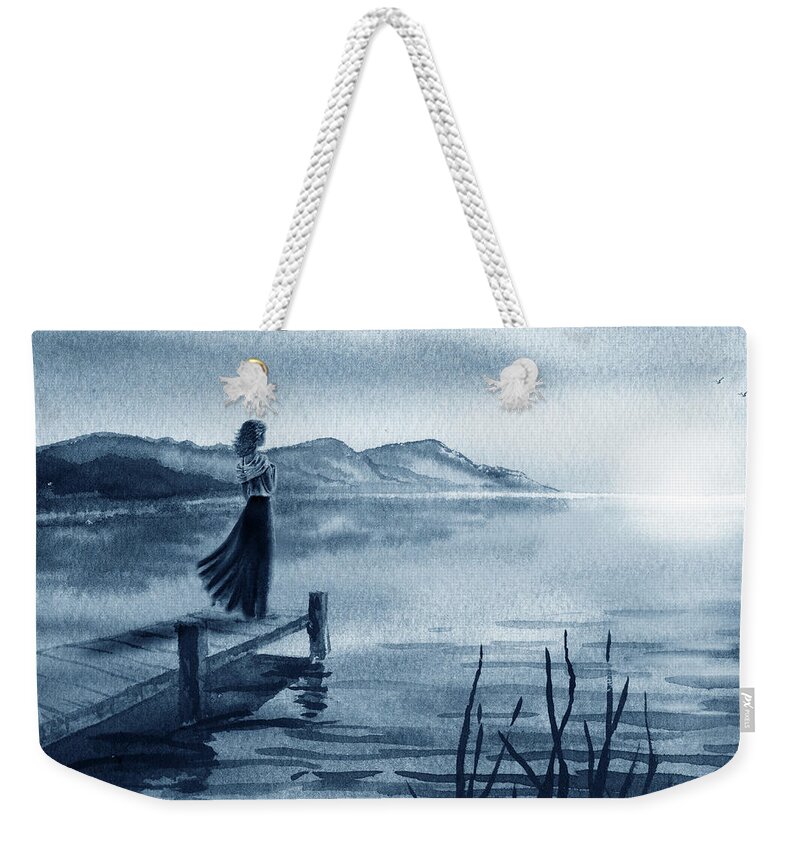 Girl Weekender Tote Bag featuring the painting Blue Evening Sunset Girl At The Lake Seascape Watercolor by Irina Sztukowski