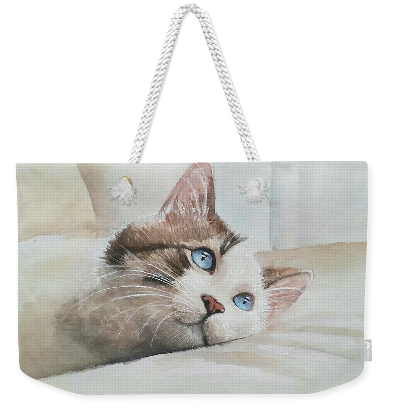 Japanese Paper Weekender Tote Bag featuring the drawing Blue eyed cat by Carolina Prieto Moreno
