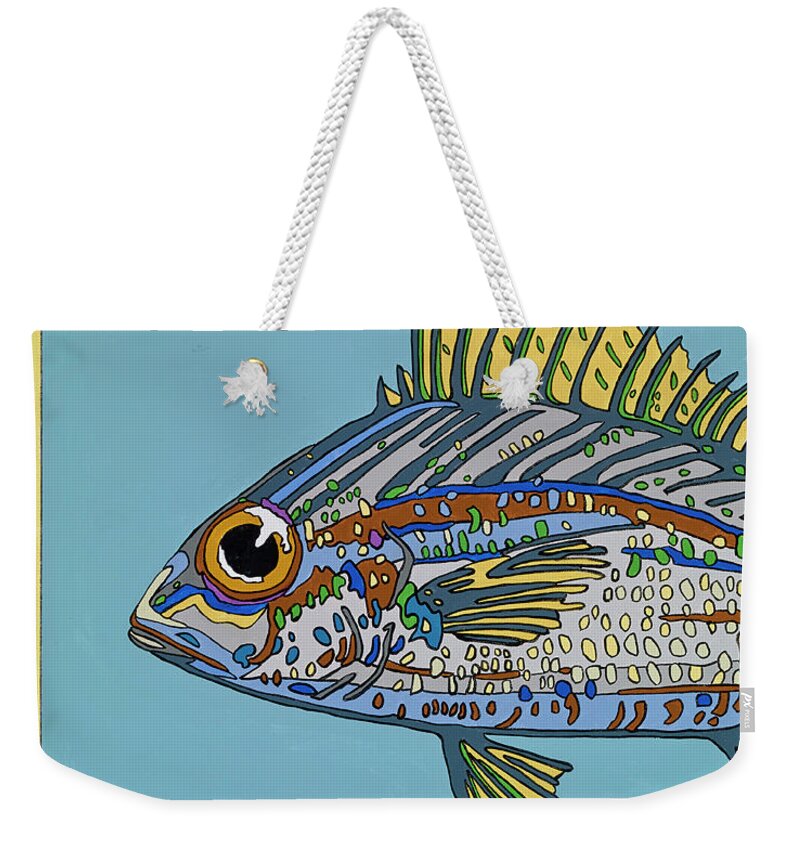 Blue Fish Ocean Salt Water Weekender Tote Bag featuring the painting Blue Fish by Mike Stanko