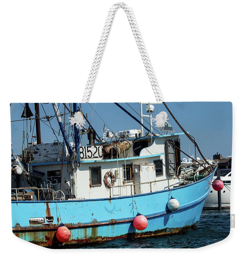 Boat Weekender Tote Bag featuring the photograph Blue Fishing Boat by Denise Kopko