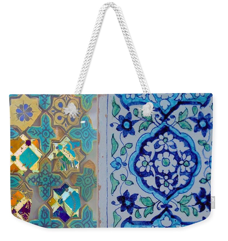 Weekender Tote Bag featuring the mixed media Blue Fusion Tile by Seema Z