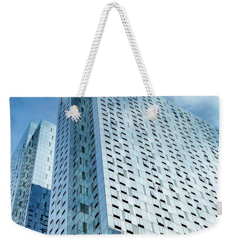 Skyscrapers Weekender Tote Bag featuring the photograph Blue Glass and Metal by Cate Franklyn