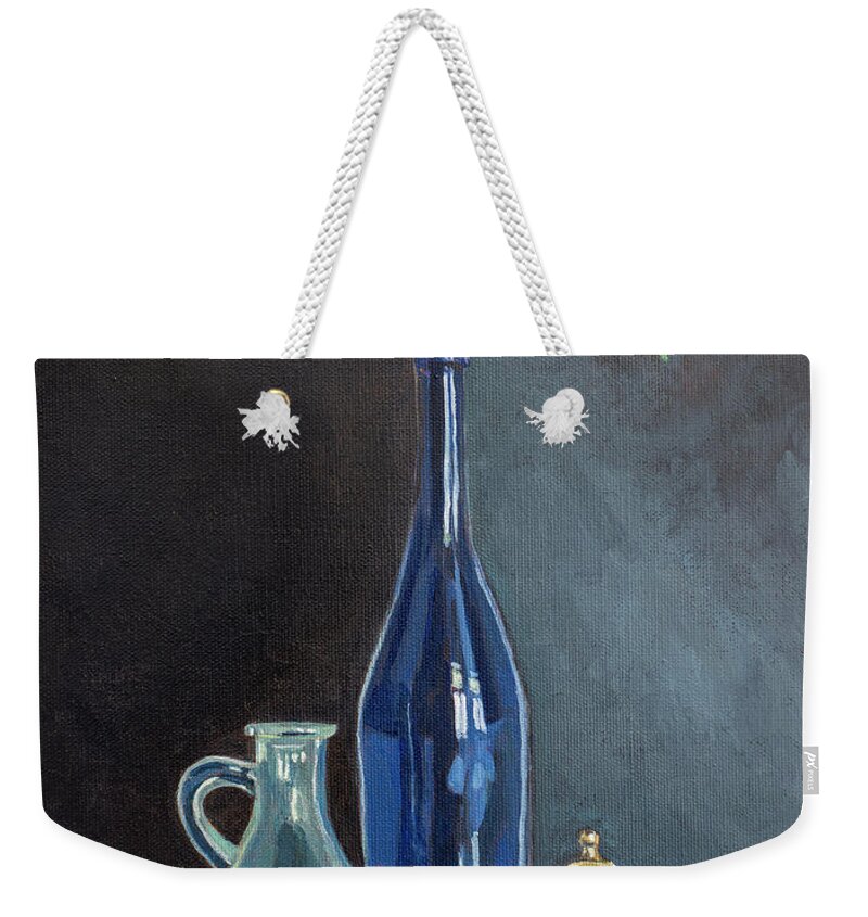 Taste Weekender Tote Bag featuring the painting Blue Glass Wine Bottle with Flowers Water Jug and Censer Still Life by Pablo Avanzini