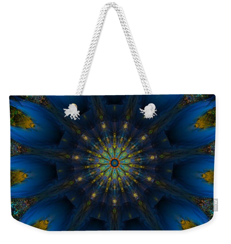 The Kosmic Blue Gold Mandala Of Kreation Is A Powerful Symbol Of Cosmic Creation. It Is A Representation Of The Divine Energy That Is The Source Of All Life. Its Colors Are Blue And Gold Weekender Tote Bag featuring the digital art Blue Gold Mandala by Michael Canteen