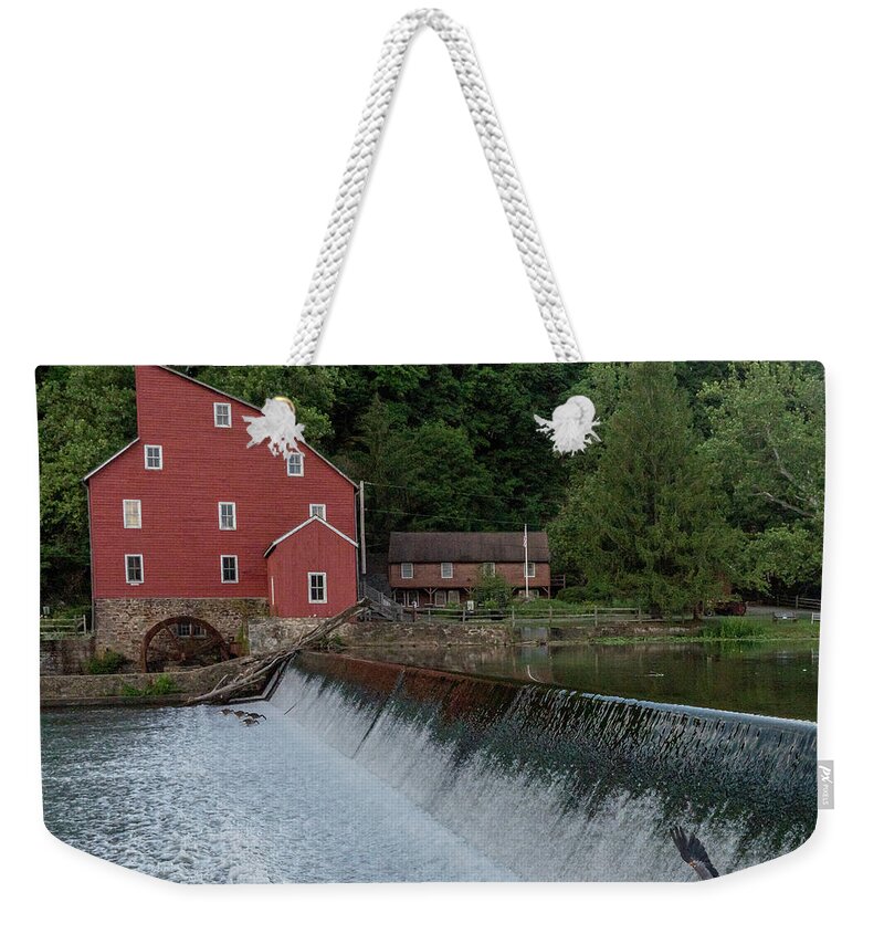 Clinton Red Mill Weekender Tote Bag featuring the photograph Blue Heron at Clinton Red Mill by GeeLeesa