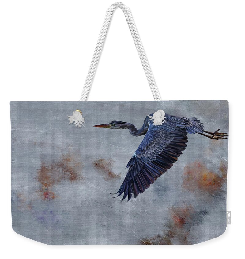 Bird Weekender Tote Bag featuring the digital art Blue Heron in Flight by Shawn Conn