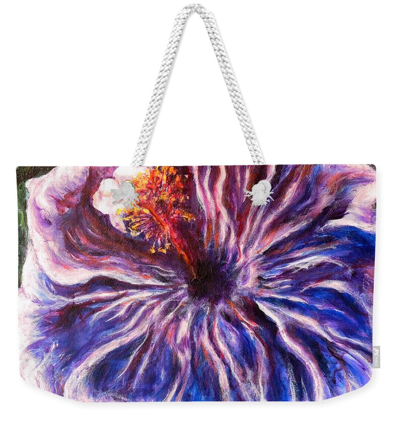 Hibiscus Weekender Tote Bag featuring the painting Blue Hibiscus by John Bohn