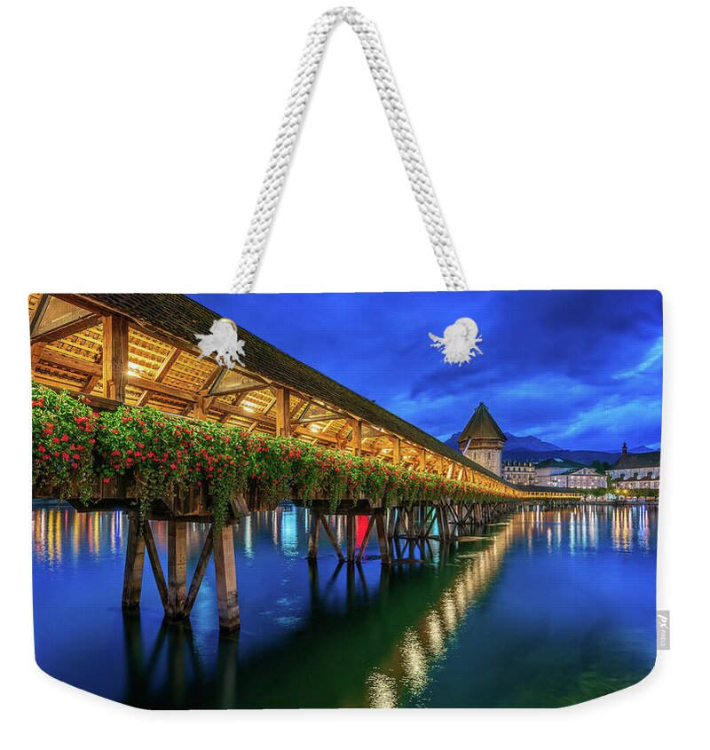 City Weekender Tote Bag featuring the digital art Blue Hour at the Chapel Bridge by Kevin McClish