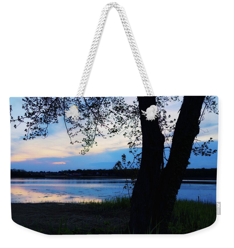 New England Weekender Tote Bag featuring the photograph Blue Hour Marsh with Tree in Silhouette by Marianne Campolongo