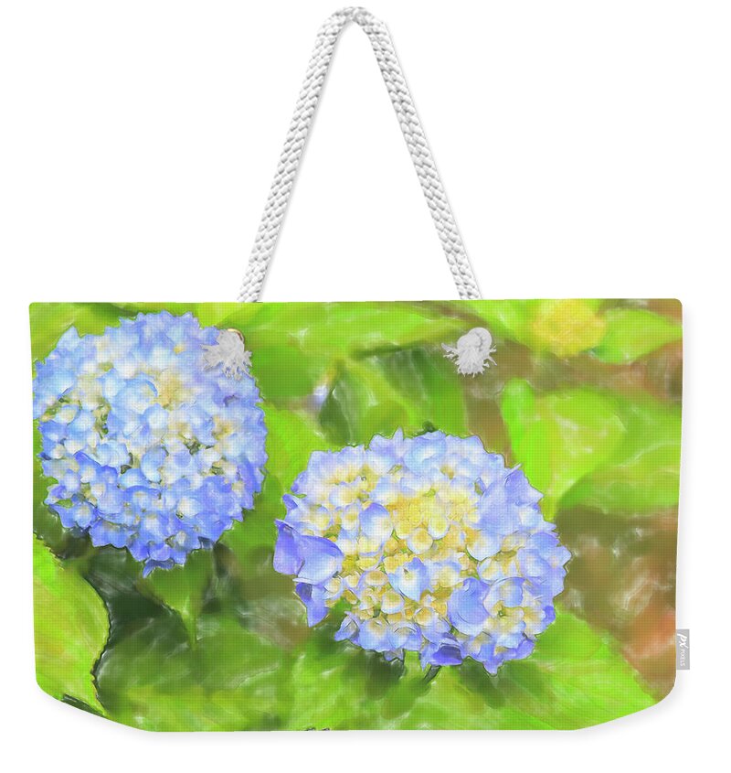 Colors Weekender Tote Bag featuring the digital art Blue Hydrangea Deux Watercolor by Tanya Owens