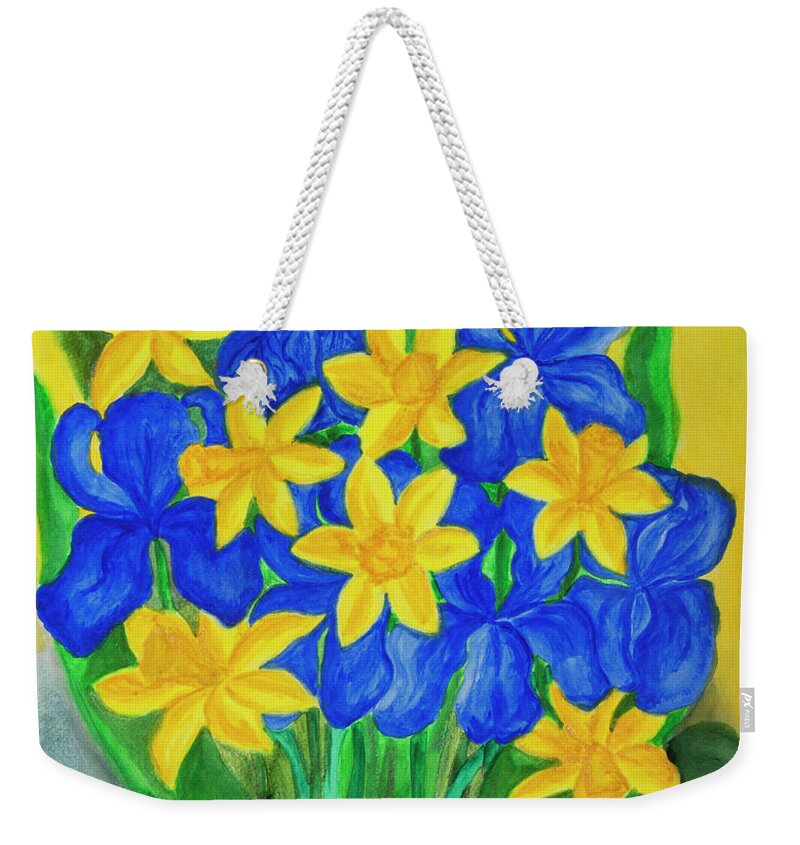 Flower Weekender Tote Bag featuring the painting Blue irises and yellow daffodiles by Irina Afonskaya