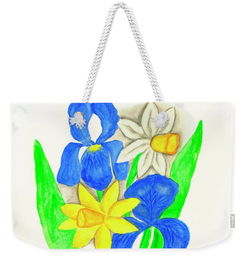 Flower Weekender Tote Bag featuring the painting Blue irises, narcissus nd daffodil by Irina Afonskaya