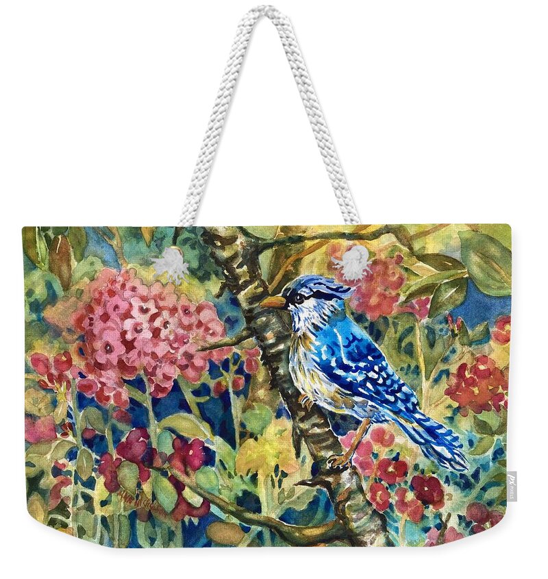 Blue Jay Weekender Tote Bag featuring the painting Blue Jay and Phlox by Ann Nicholson