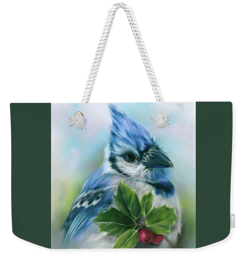Bird Weekender Tote Bag featuring the painting Blue Jay with Holly by MM Anderson