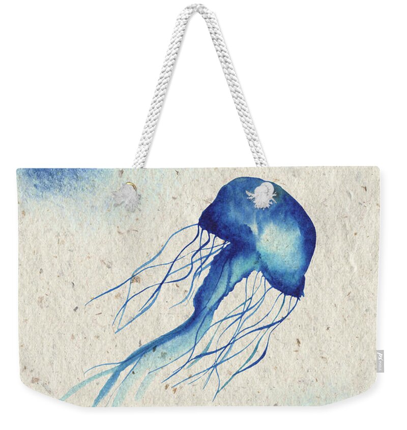 Blue Jellyfish Weekender Tote Bag featuring the painting Blue Jellyfish by Garden Of Delights