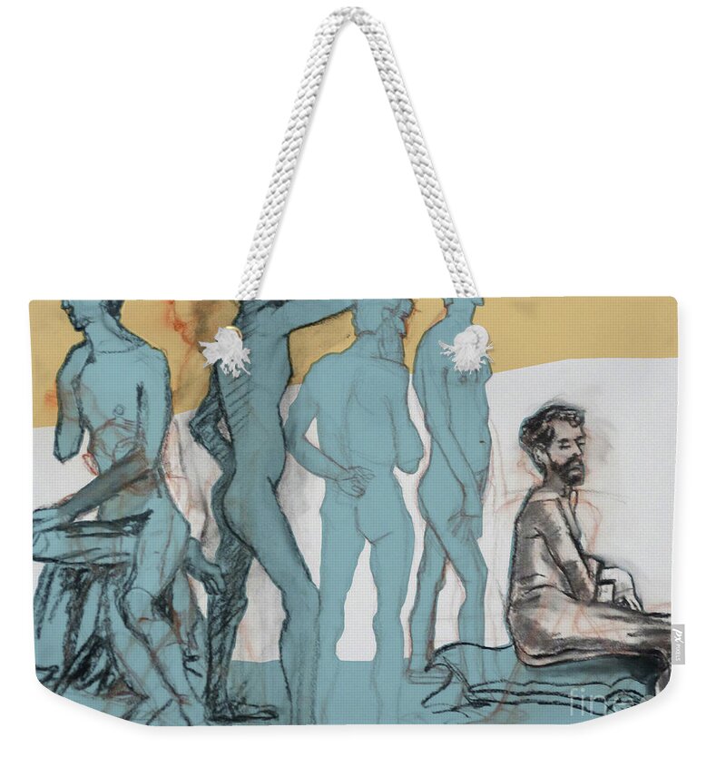 Male Nude Weekender Tote Bag featuring the mixed media Blue Nude by PJ Kirk
