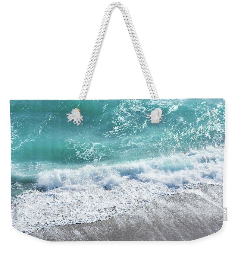 Beach Weekender Tote Bag featuring the photograph Blue Ocean Breaking Waves Aerial by Laura Fasulo