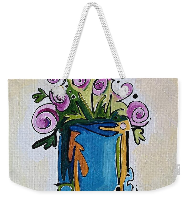Floral Weekender Tote Bag featuring the painting Blue Orange Vase by Sheila Romard