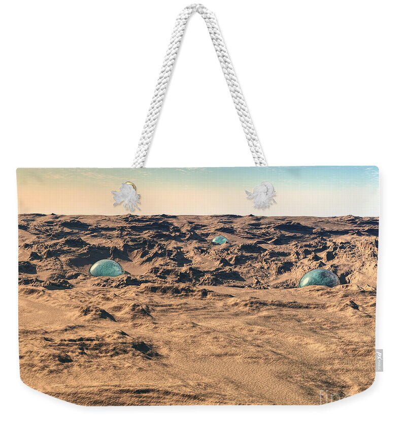Desert Weekender Tote Bag featuring the digital art Blue Orbs In Desert by Phil Perkins
