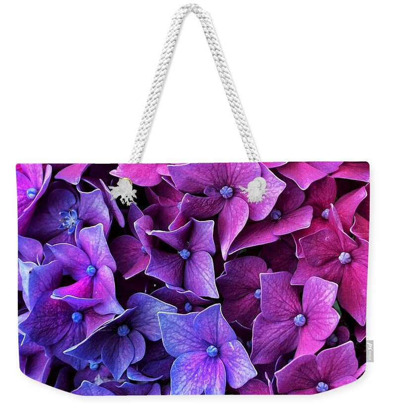 Blue Weekender Tote Bag featuring the photograph Blue Pink Hydrangea by Jerry Abbott