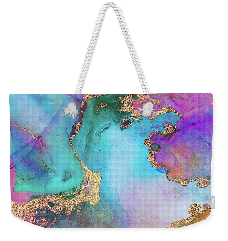 Abstract Art Weekender Tote Bag featuring the painting Blue, Purple And Gold Abstract Watercolor by Modern Art