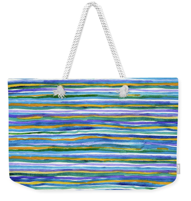 Blue Weekender Tote Bag featuring the painting Blue, Purple, Orange, and Green Stripes by Michele Fritz