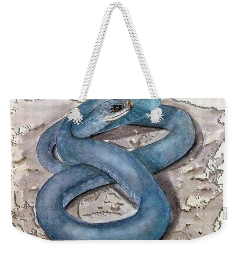 Blue Racer Snake Weekender Tote Bag featuring the painting Blue Racer Snake by Kelly Mills
