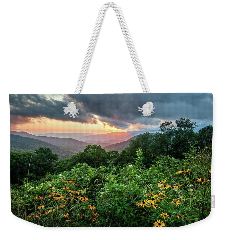 Evening Weekender Tote Bag featuring the photograph Blue Ridge Parkway Asheville NC Wildflower Sunset Scenic by Robert Stephens