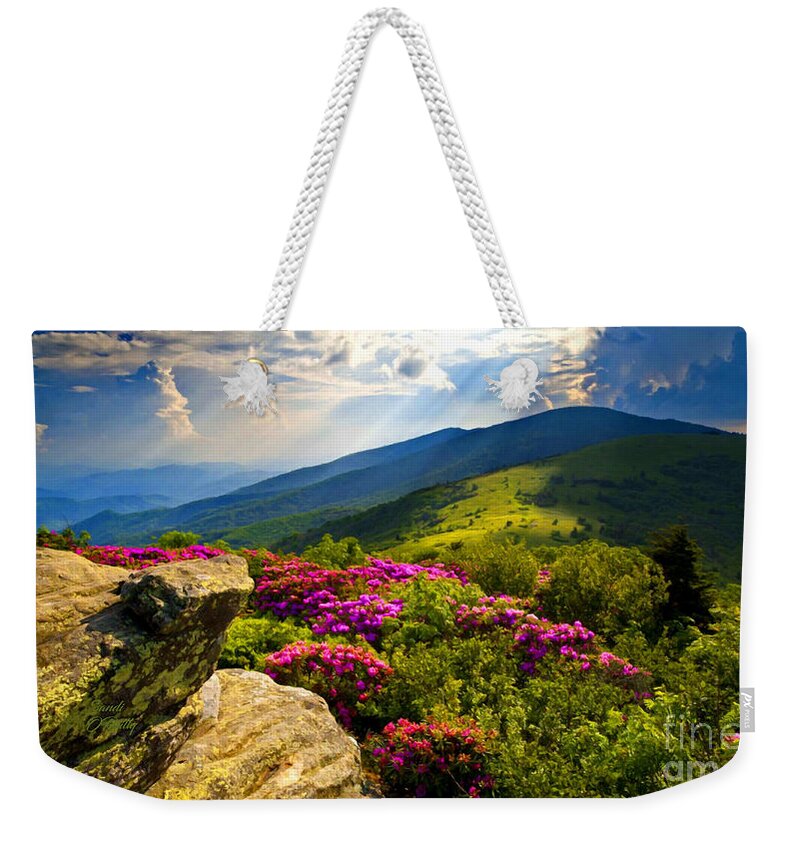Blue Ridge Parkway Weekender Tote Bag featuring the mixed media Blue Ridge Parkway Catawba Rhododendrons by Sandi OReilly