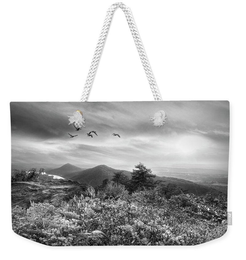 Birds Weekender Tote Bag featuring the photograph Blue Ridge Smoky Mountains Overlook Sunset Black and White by Debra and Dave Vanderlaan