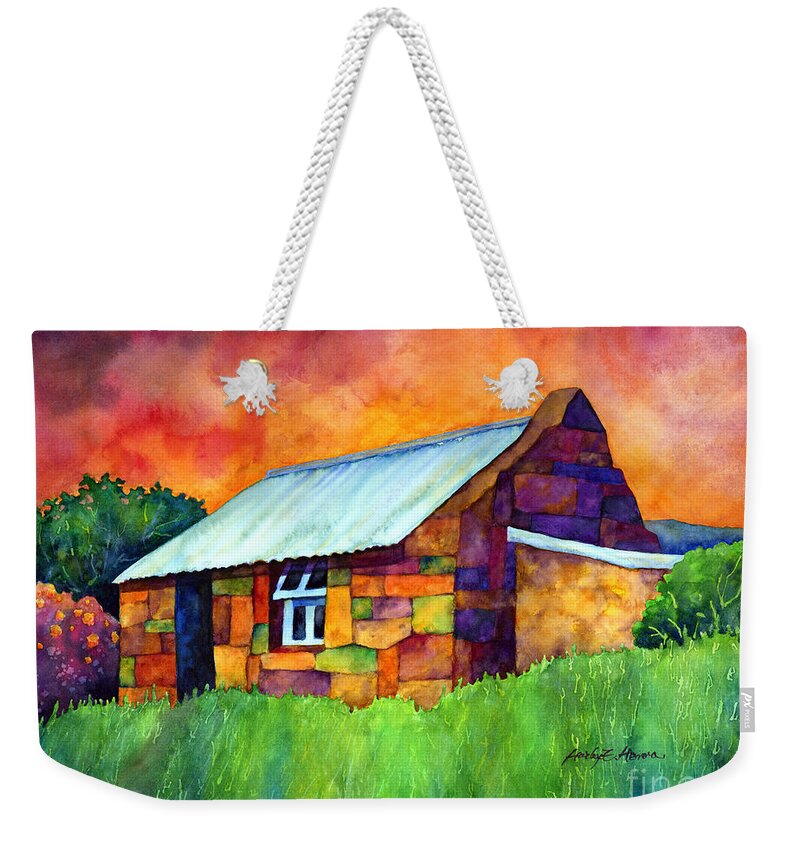 Whimsical Weekender Tote Bag featuring the painting Blue Roof Cottage by Hailey E Herrera