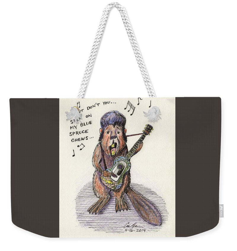 Pun Weekender Tote Bag featuring the drawing Blue Spruce Chews by Eric Haines