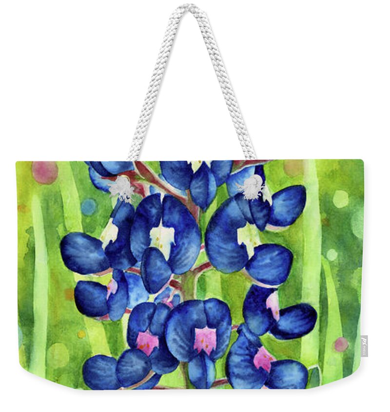 Blue Weekender Tote Bag featuring the painting Blue Tapestry - Bluebonnet by Hailey E Herrera