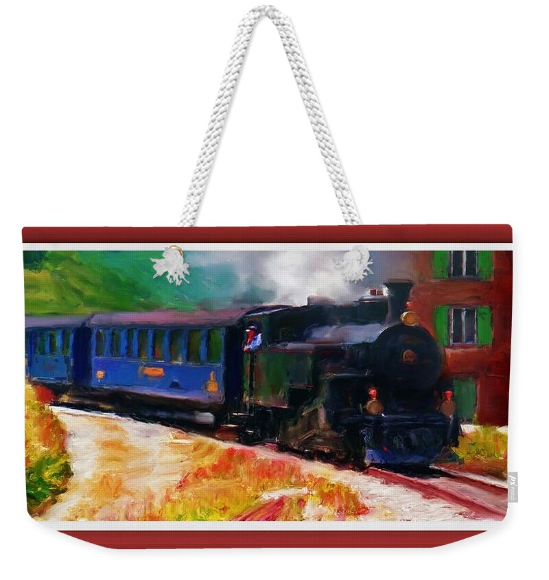 Train Weekender Tote Bag featuring the painting Blue Train by Nancy Ayanna Wyatt