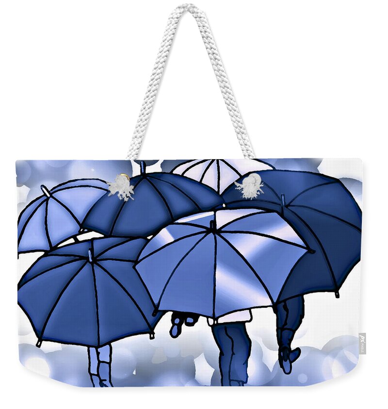 Navy Blue Weekender Tote Bag featuring the mixed media Blue Umbrella Huddle by Kelly Mills