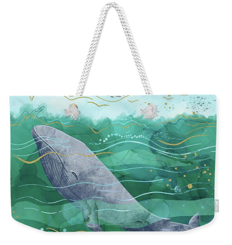 Blue Whale Weekender Tote Bag featuring the digital art Blue Whale Song in the Emerald Ocean by Andreea Dumez