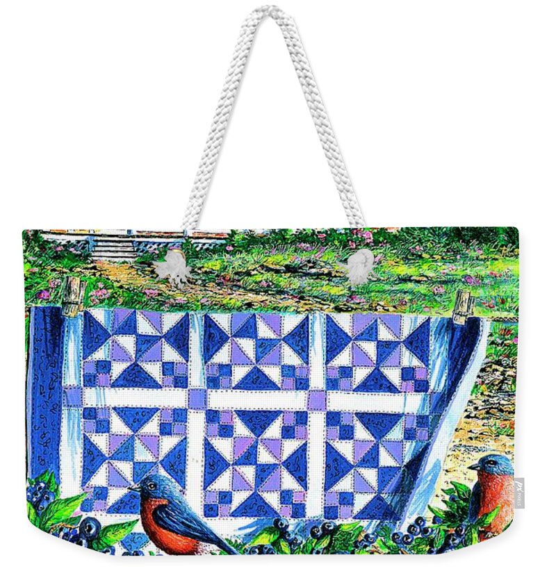 Blueberries Weekender Tote Bag featuring the painting Bluebirds and Blueberries by Diane Phalen