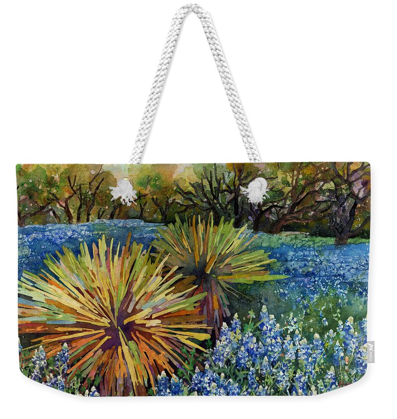 Cactus Weekender Tote Bag featuring the painting Bluebonnets and Yucca by Hailey E Herrera