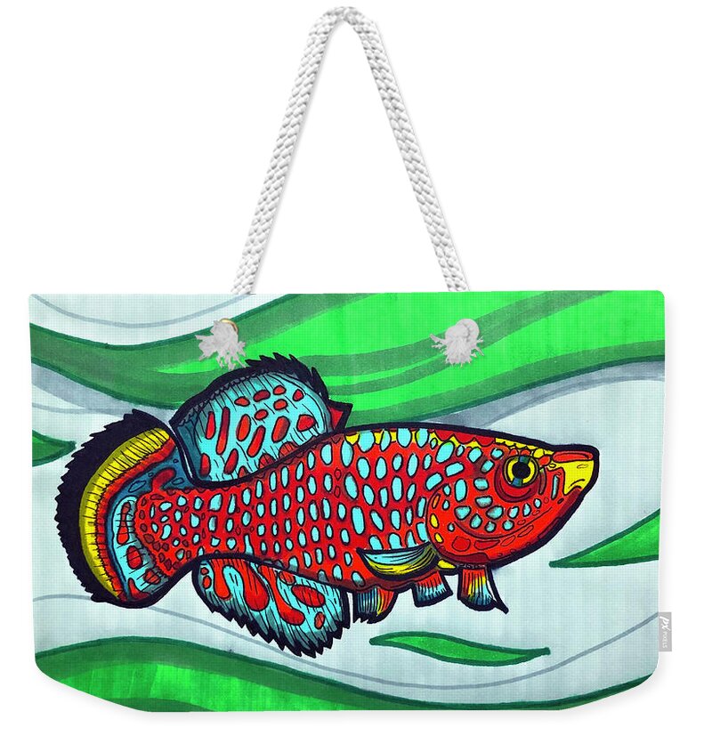 Bluefin Notho Killifish Weekender Tote Bag featuring the drawing Bluefin Notho Killifish by Creative Spirit