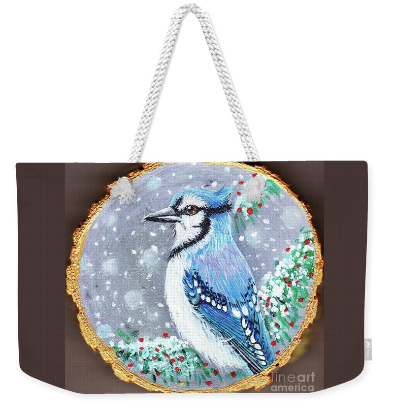 Bird Weekender Tote Bag featuring the painting BlueJay Ornament by Sudakshina Bhattacharya