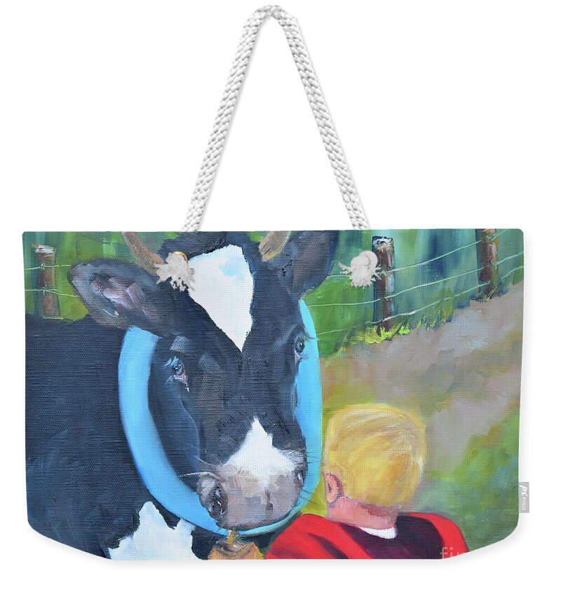  Weekender Tote Bag featuring the painting Bo talks to Bessie by Jan Dappen